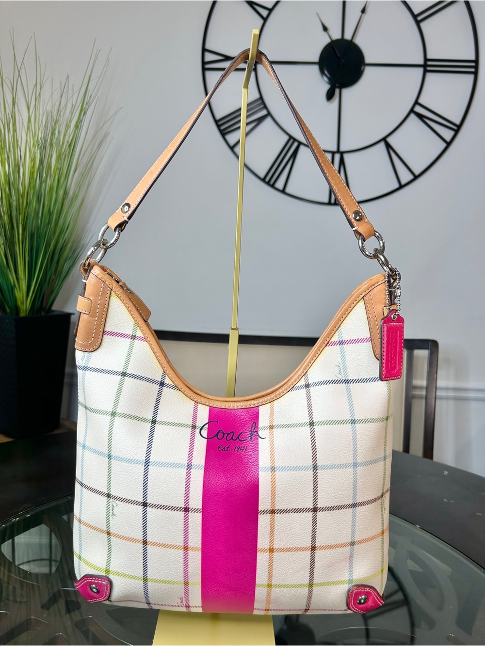 Coach Heritage Plaid Tattersall Coated Canvas Hobo Shoulder Bag Pink F14789